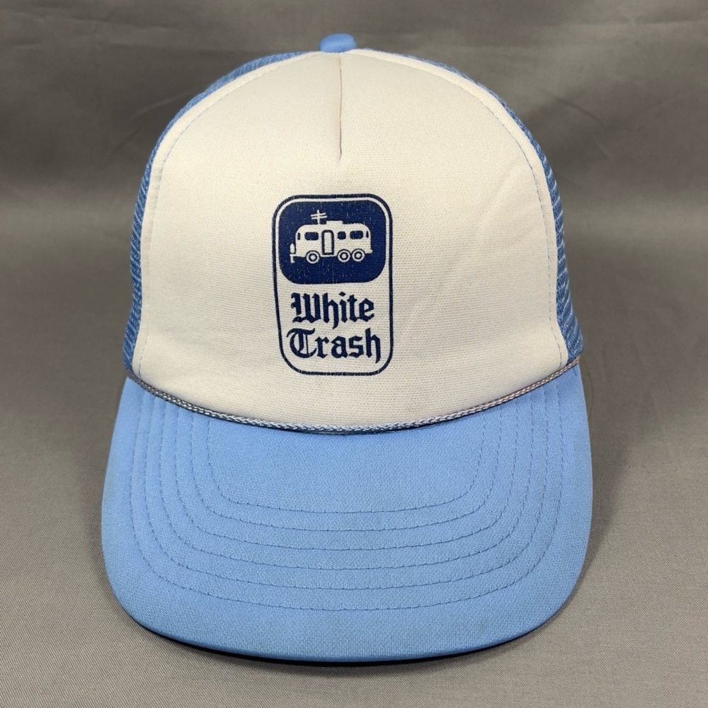 Vtg White Trash Snapback Cap Hat Blue KC Rope Foam Trucker Mesh Retro Dad Mens
